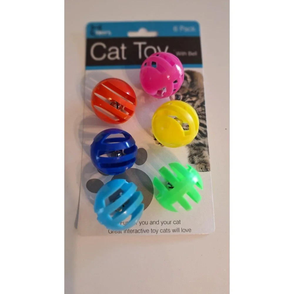 TINY'S CAT TOY BALLS WITH BELLS 6 PACK COLORFUL PLASTIC PET TOYS NEW